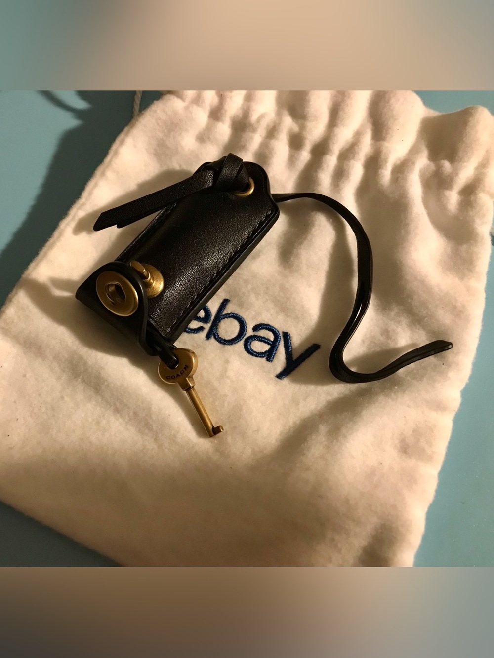 Coach Rogue Black Leather Key Holder with Gold-Tone Key Charm